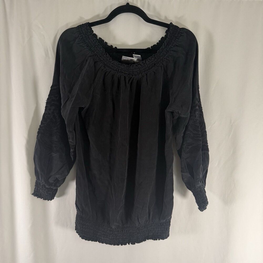Vintage Spiegel 100% Silk Blouse Women's 4 Black Embroidered Floral Sleeve